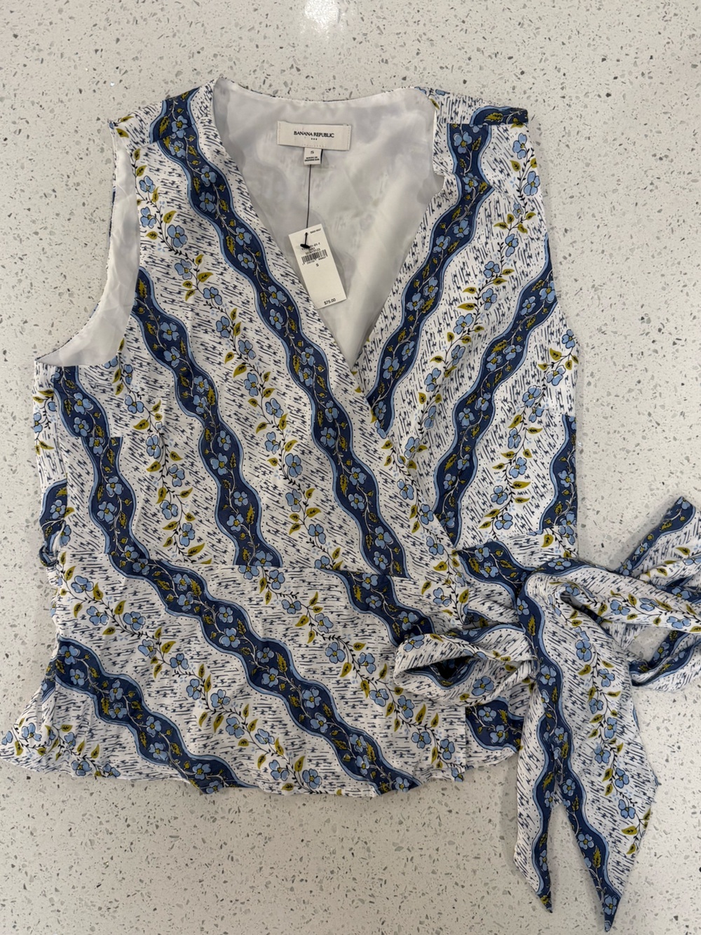 Banana Republic White, Blue and Yellow Floral Tie-Side Wrap Blouse